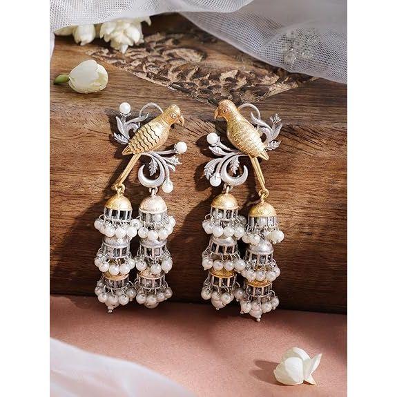 Silver & Gold Dual-Plated Oxidised Long Tree Motif Engraved Dome Jhumka Earrings for Women – Festive & Traditional Looks