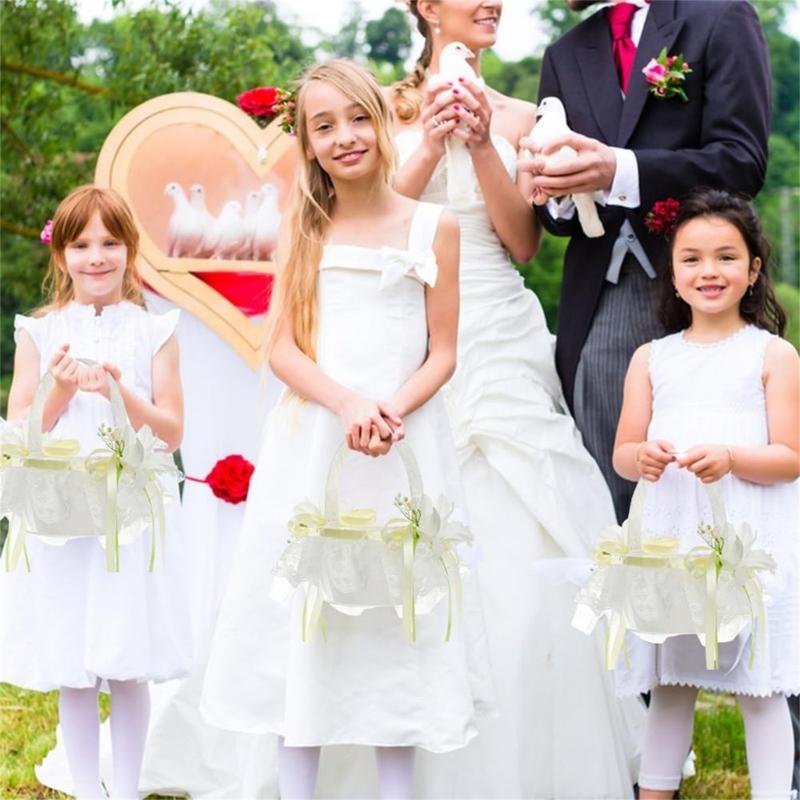 Элегантная свадебная корзина для цветов для церемонии, корзина для девочки-цветочницы с кружевной отделкой, удобная ручка для держания, корзина для цветов для невесты