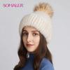 Knit Real Mink Fur Hats for Winter Women Fur Brim Cap with Fox Fur Pompom High Quality Luxury Female Knitted Beanies