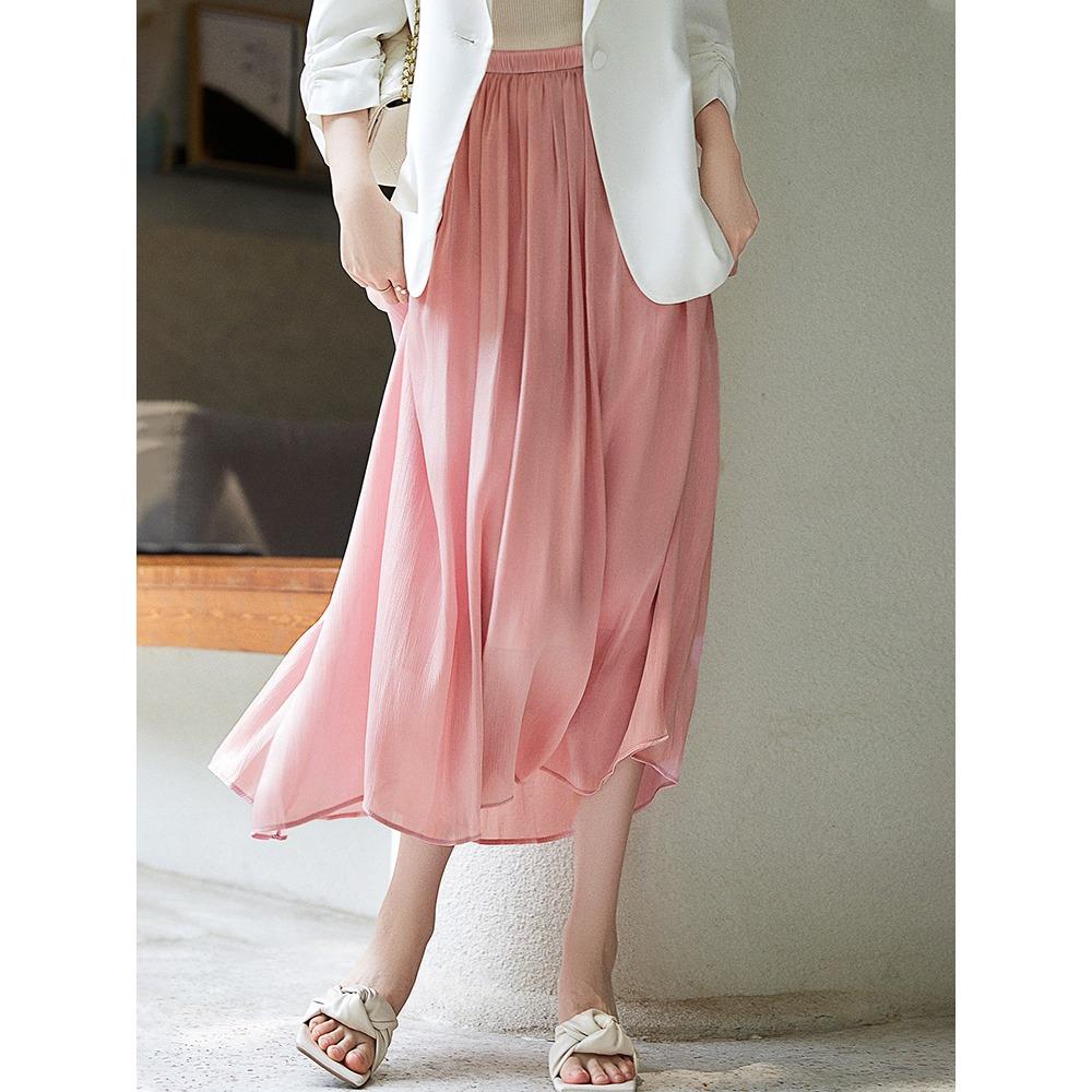 Dimanaf 2025 Summer Women New Skirts Solid Elastic Waist Pleated Mesh Elegant Skirts