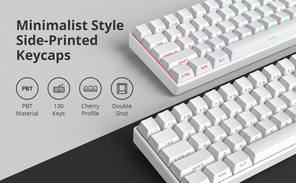130 клавиш, боковая печать, PBT, белые колпачки, профиль Cherry, минималистичный стиль, кастомные колпачки для механических клавиатур, процент, просвечивающие