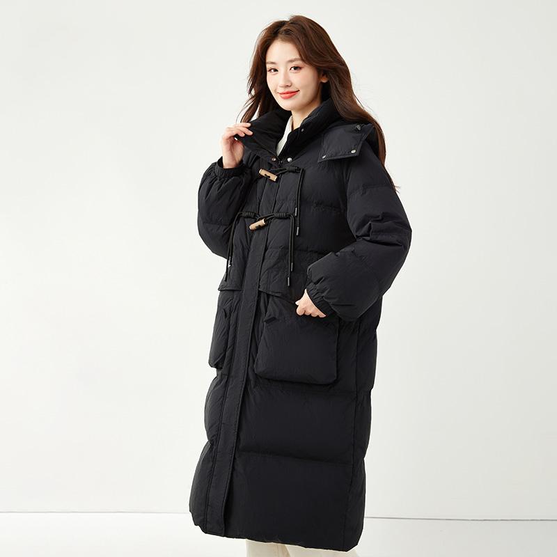 Women's Long Loose Light Down Jacket Autumn Winter Hooded Straight White Duck Down Coat Stand Collar Big Pocket Solid Color