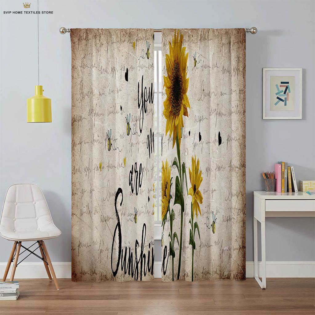 Шторы с цветочным и подсолнечным принтом, черный шелк, светонепроницаемые шторы, подходят для спальни, гостиной, кабинета, 2 штуки