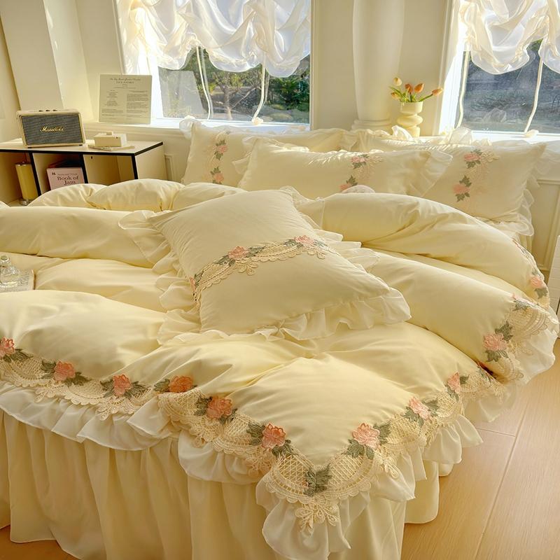 Korean Princess Style Flowers Lace Ruffles Duvet Covers Bed Skirt/Fitted Sheet Pillowcase Bedding For Girls Luxury Home Textiles