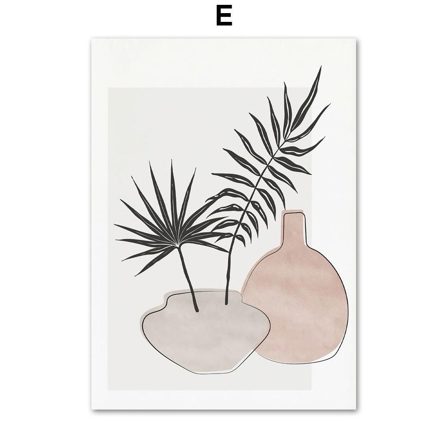 Ваза в стиле бохо с листьями и женскими линиями, геометрические абстрактные постеры и принты, картины на холсте, скандинавские настенные картины, декор гостиной
