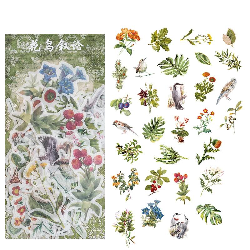 60pcs Vintage Stickers Decor Journaling Stationery Washi Paper Retro Flowers Leaves Plants Deco Stickers