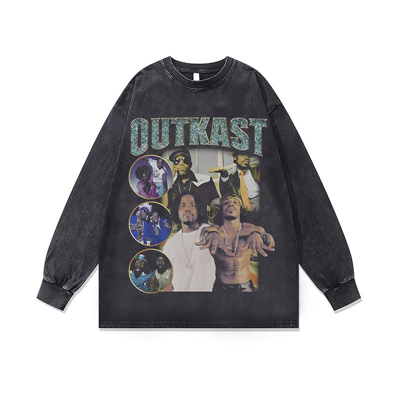 Стирка Ретро Стираная Толстовка с Круглым Вырезом Осень и Зима Новая Американский Хип-Хоп Нижний Слой с Длинным Рукавом Футболка для Мужчин и Женщин