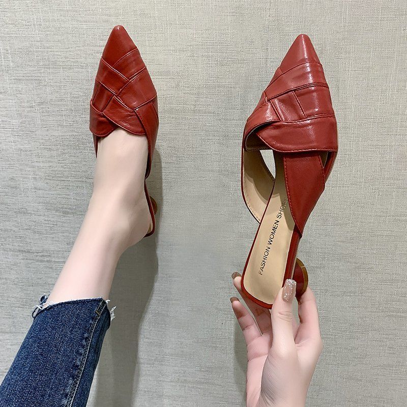 Модные туфли-слайды с острым носком на среднем каблуке, повседневные летние женские тапочки и женские сандалии на распродаже, нескользящая обувь 39 размера