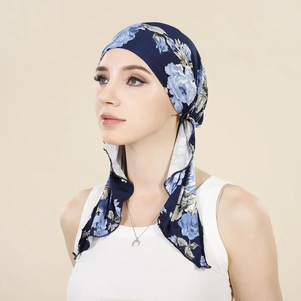 New Shimmer Pre-Tied Hat Women Muslim Hijab Turban Long Tail Headscarf Beanies Bonnet Hair Loss Chemo Cap Head Wrap Bandanas