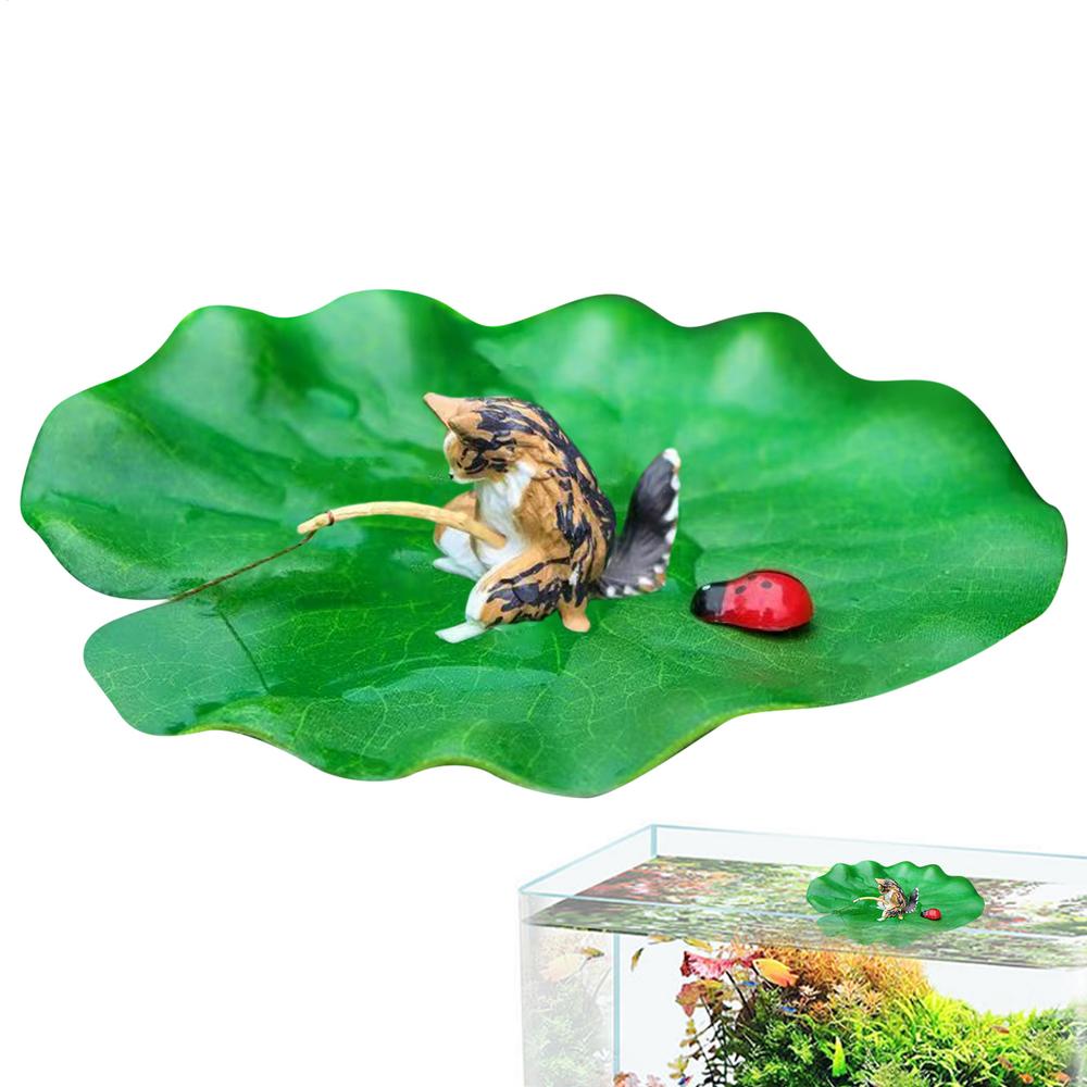 Cat Fishing Aquarium Model Decoration Cat Fishing On Floating Lily Pad Betta Fish Tank Decor Model For Garden Pond Fish Tank