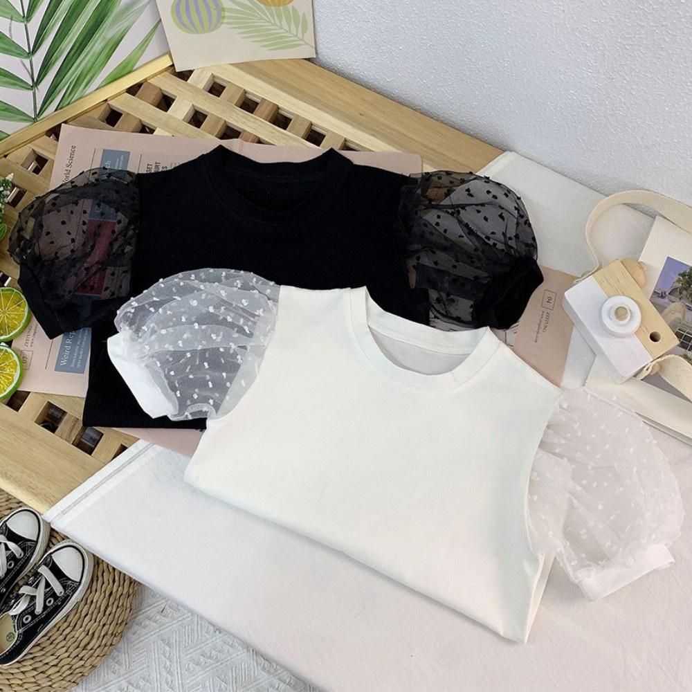 Mesh Patchwork Girls Polka Dot Puff Short Sleeve Tees Summer Kids Party School Tops