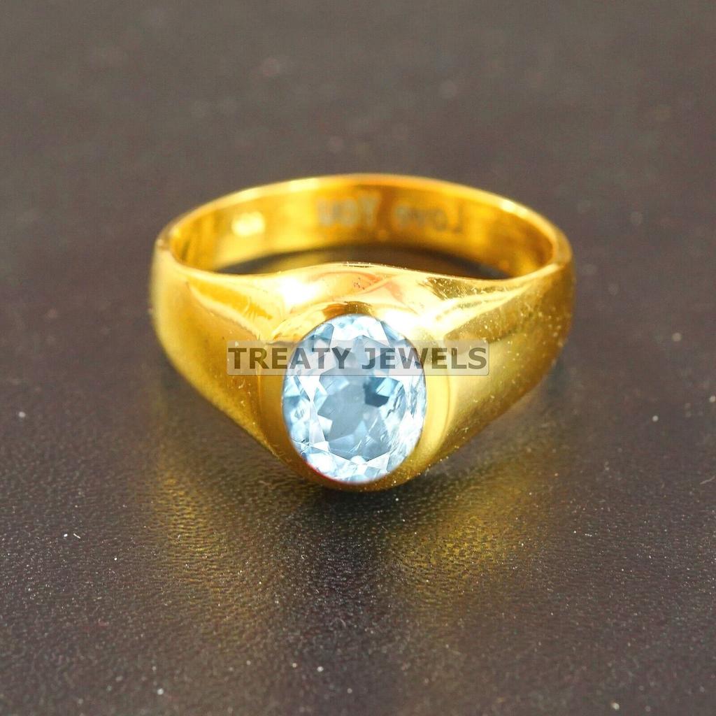 Aquamarine Oval Cut With 925 Sterling Silver Gold Plated Ring For Men's #A753 JL375659095749