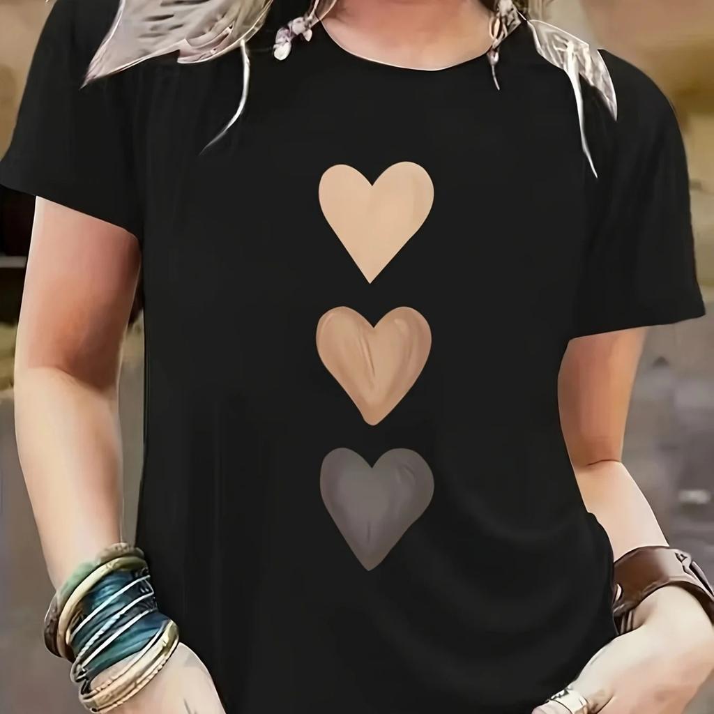 Black with Beige & Dark Gray Heart Print T-shirt Girl Cartoon Unisex Tops Short Sleeve Streetwear Women Crew Neck Tees Female