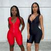 V Neck Zipper Bodycon Rompers Womens Jumpsuit Sleeveless Summer Sporty Workout Biker Shorts Playsui