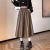 Women's Black PU Leather Midi Skirt - Spring/Autumn High Waist Pleated A-line with Hip-covering Slimming Design