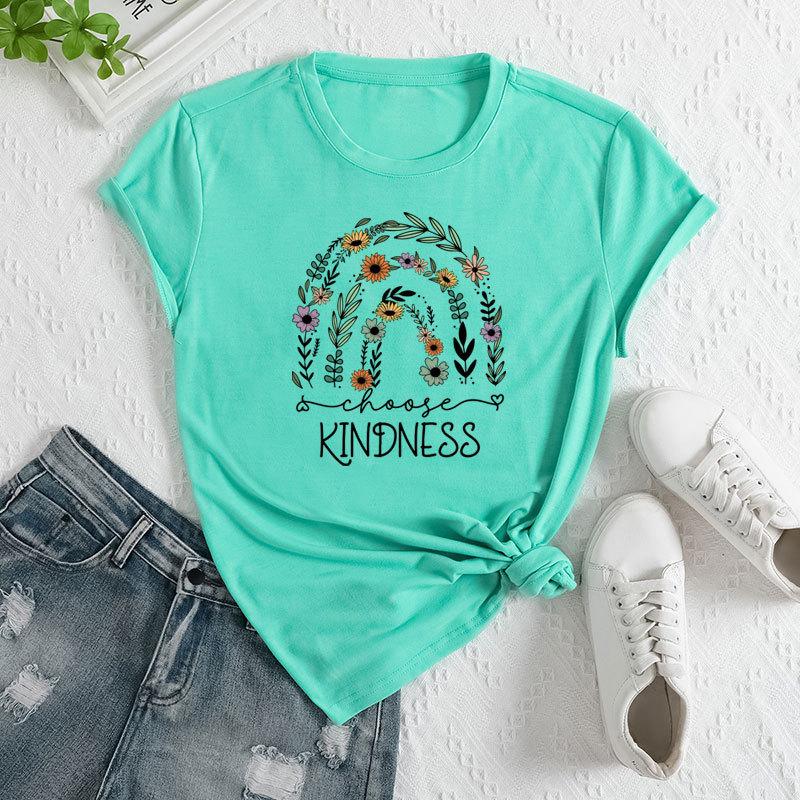 Летние женские футболки свободного покроя с цветочным принтом и круглым вырезом из чистого хлопка с короткими рукавами для женщин