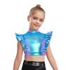 Kids Girls Metallic Tank Tops Mock Neck Mesh Patchwork Rhinestone Adorned Sleeveless Shiny Ruffle Crop Tops with Press Buttons Keyhole Back Dance Shir