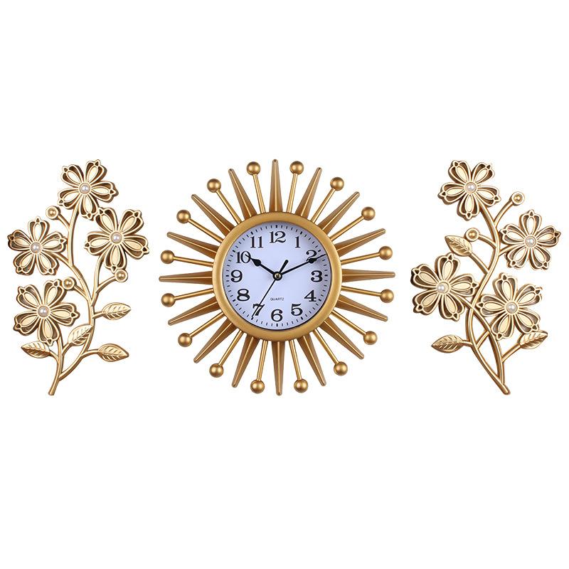 Modern Light Luxury High-end Three-piece Set Creative Sun Wall Clock Living Room Home Decoration Large Wall-mounted Silent Clock
