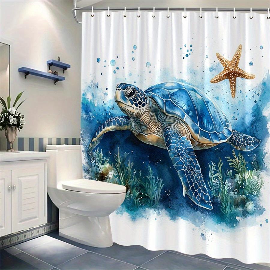 1 Piece Watercolor Blue Turtle Shower Curtain, Polyester Fabric, Machine Washable, Suitable For Bathroom Decoration