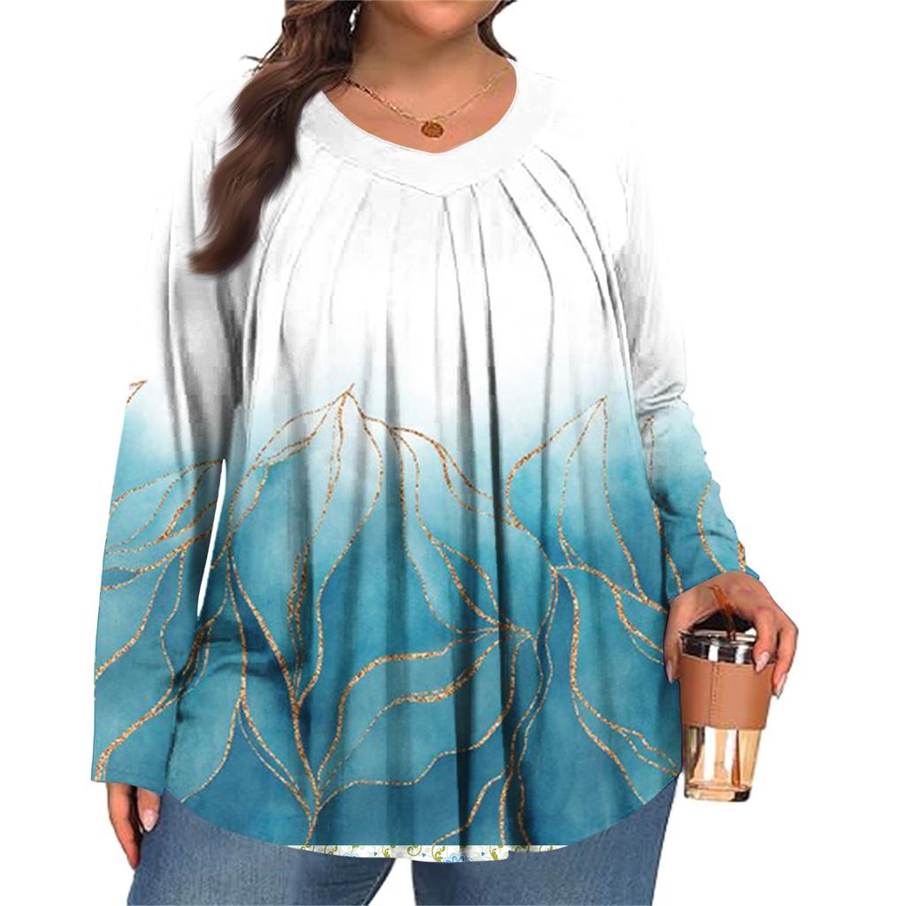 Женский модный топ большого размера с принтом, повседневный плиссированный, с круглым вырезом и длинными рукавами