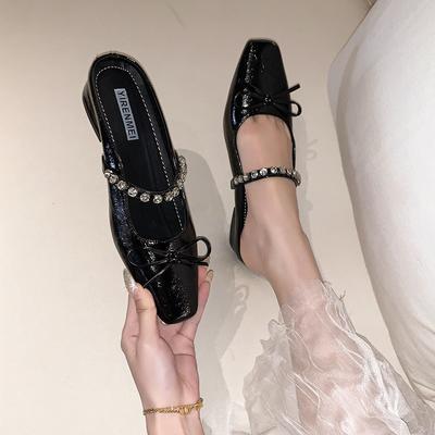 Туфли Мэри Джейн женские весенне-летние новые с бантом и стразами, сандалии с квадратным носком, туфли на толстом каблуке, женские шлепанцы