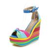 Fashion Plus Size 33-43 Shoes for Women Summer Wedges Sandals Colorful Platform Rainbow Bowknot Hemp Bottom Female Buckle Strap Shoes