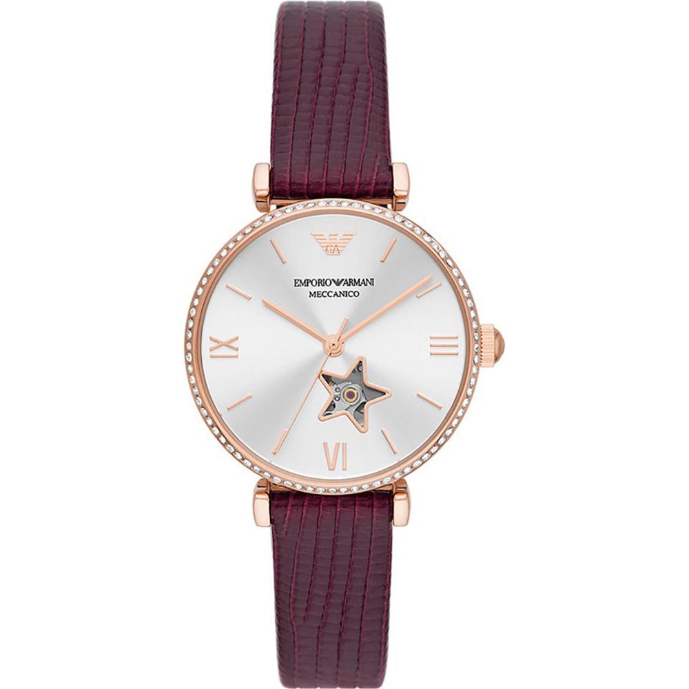 Emporio Armani Историческая коллекция Gianni Часы с Т-образным браслетом Серебристый Красная Кожа Женские Механические Автоматические AR60044