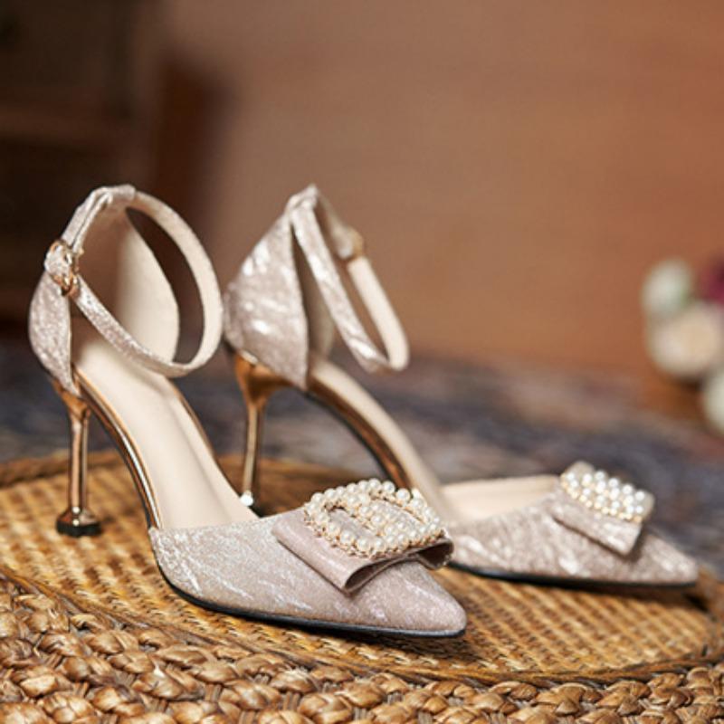 Новые босоножки на высоком каблуке с острым носком, пряжкой, блестками и жемчугом, модные и универсальные туфли на шпильках