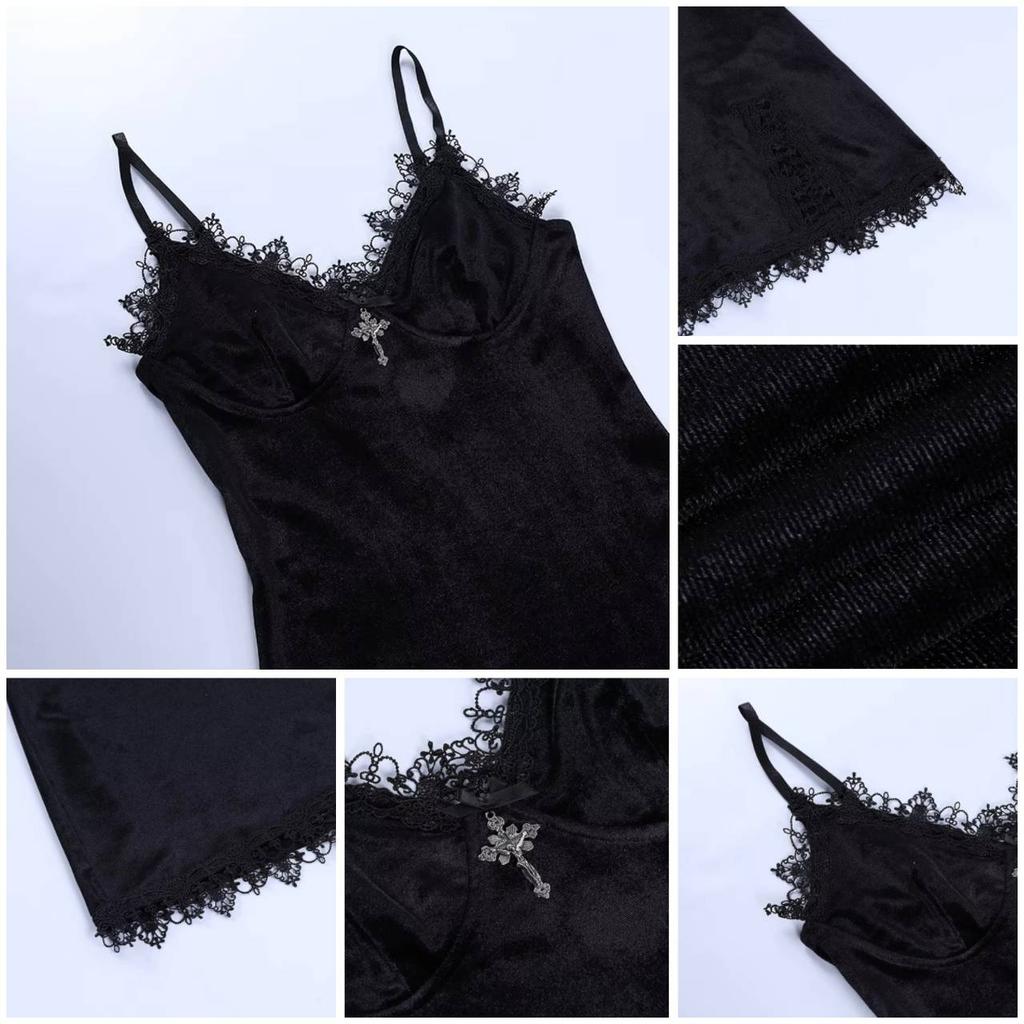 Готическое Готическое Темное Платье Мини Черное Винтажное Сексуальное На Бретелях Спагетти С Завышенной Талией С Разрезом Вечеринка Клуб Женское Платье