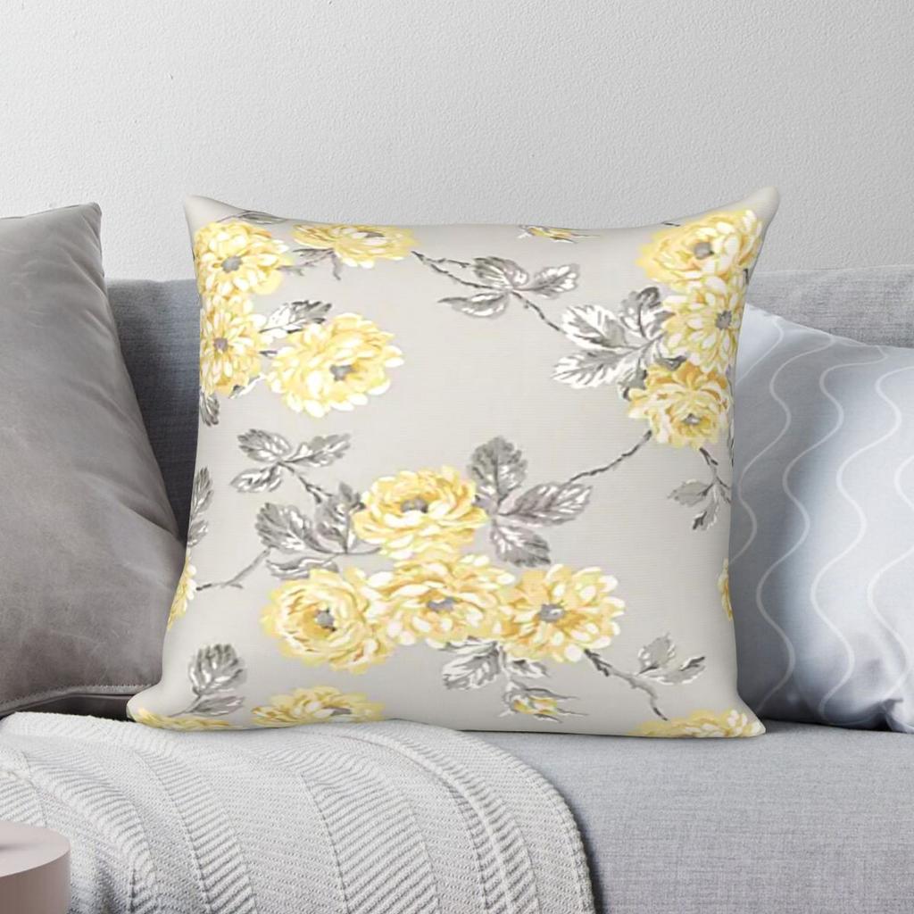 Yellow And Grey Flowers Pillowcase Polyester Linen Velvet Printed Zip Decor Room Cushion Cover
