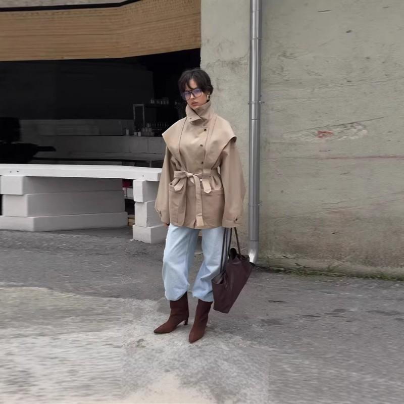 Womens 2026 Classic Trench Coat With Stand Collar Long Sleeve Single Breasted Belted Jacket