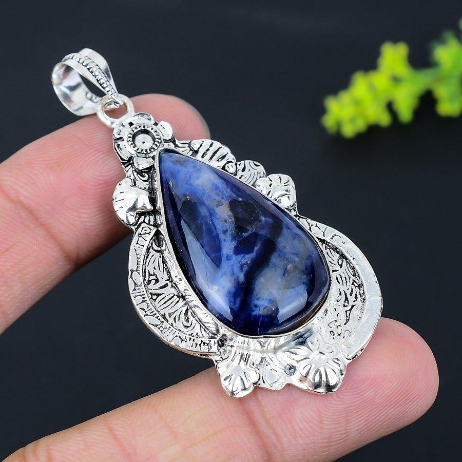 Подвеска из стерлингового серебра 925 пробы с натуральным камнем содалитом ручной работы 2,56 дюйма L0a61