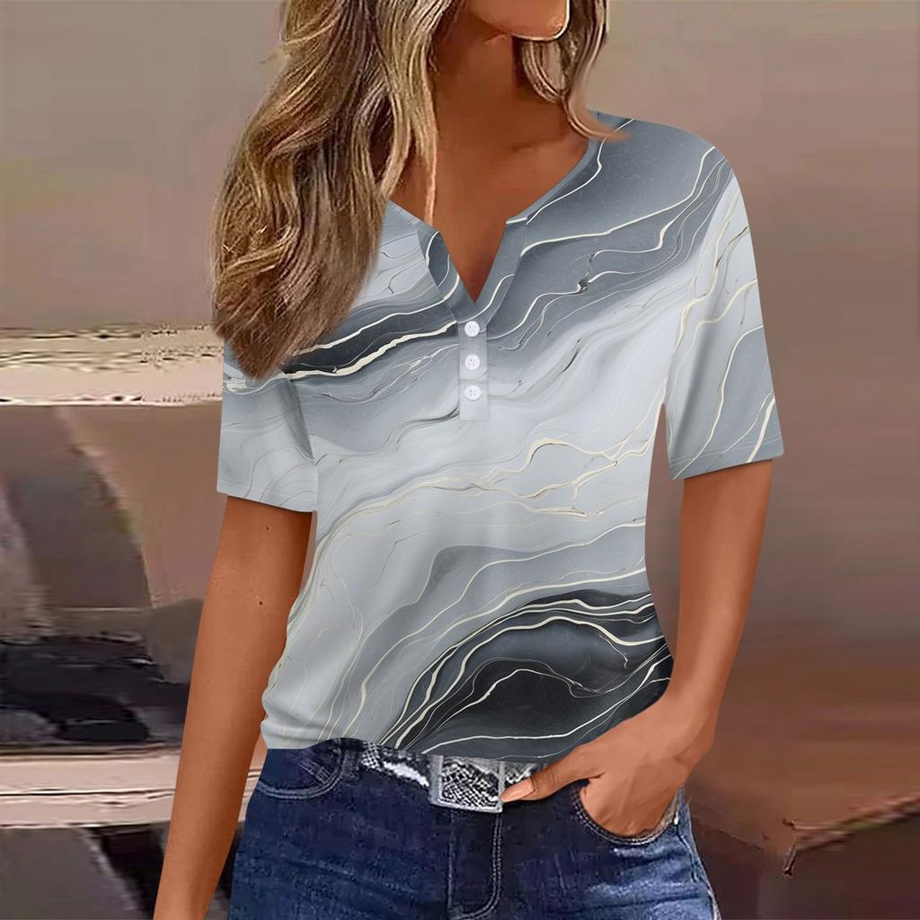 Women's T Shirt Tee Printed Button Short Sleeve Tunic Daily Weekend Fashion Basic V- Neck Regular Top