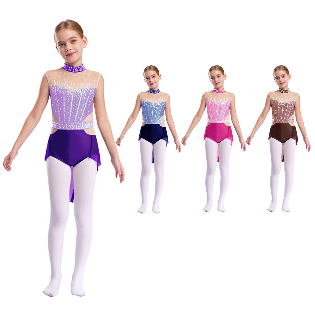 Блестящий купальник для лирического танца для девочек, с воротником-стойкой, без рукавов, со стразами, цветной блок, сетчатая юбка, костюм для выступления