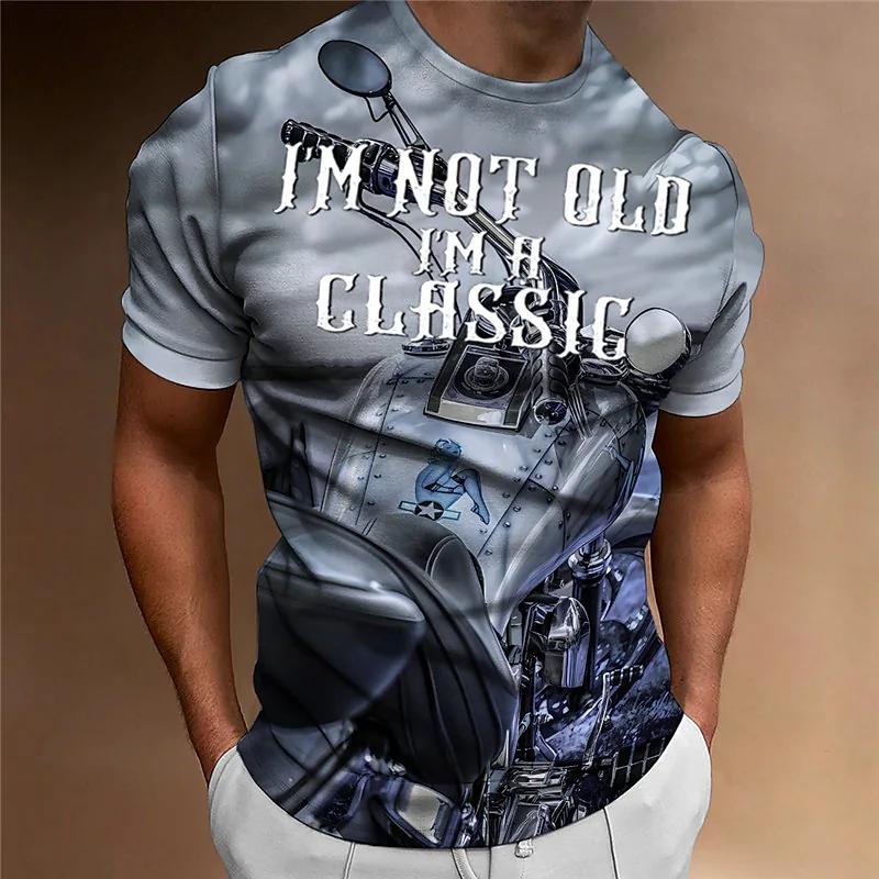 Мужская футболка с коротким рукавом и 3D винтажным графическим принтом мотоцикла - Байкерская повседневная уличная одежда