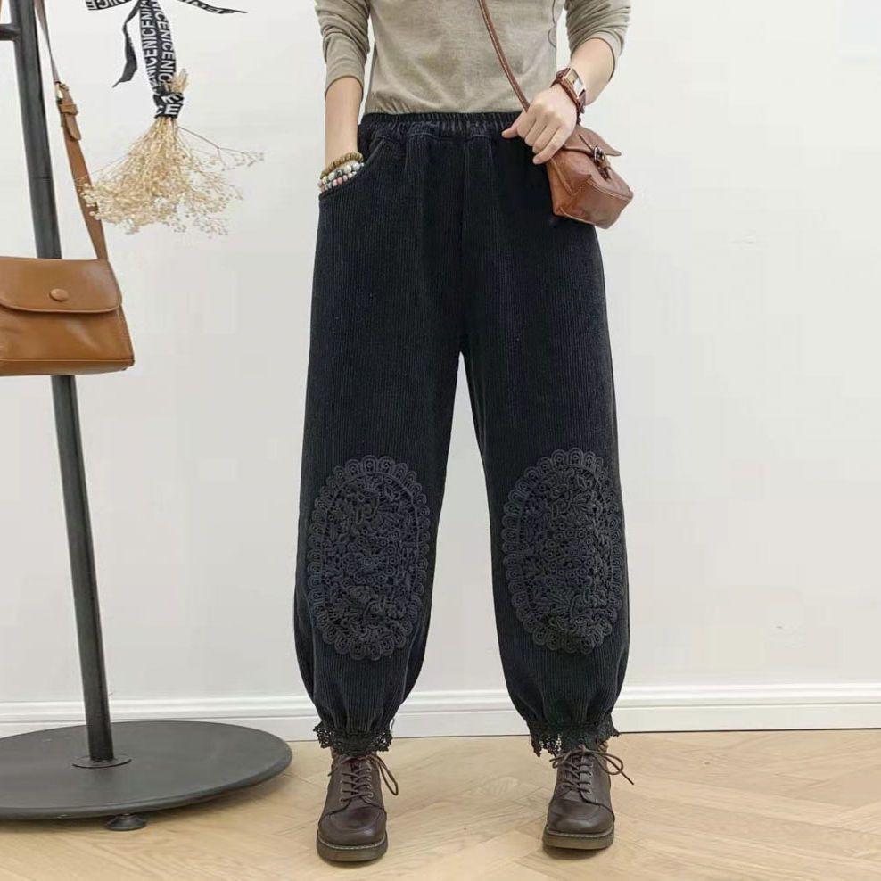Women Corduroy Plus Plush Harem Pants Autumn Winter High Waist Baggy Trousers Warm Lined Vintage Trousers