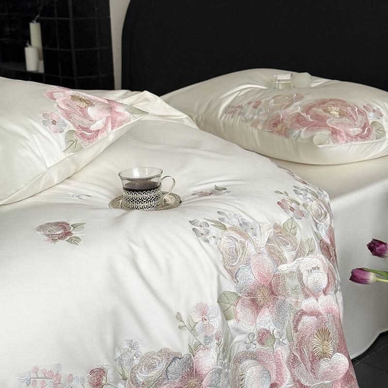 Flowers Embroidery Luxury Bedding Set Egyptian Cotton Single Queen King Size Duvet Cover Flat/Fitted Bed Sheet Pillowcases 3/4Pc