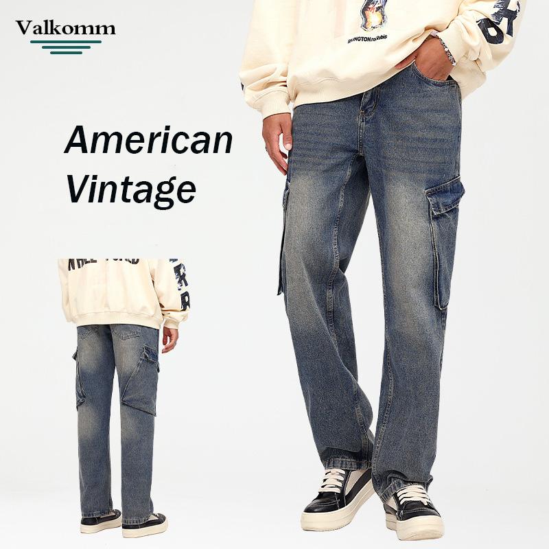 Новые осенние и зимние мужские рабочие брюки прямого покроя из денима, свободные джинсы с большими карманами, простые брюки прямого покроя из денима