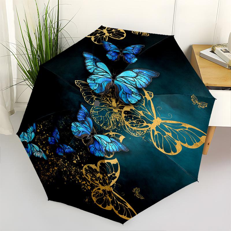 Automatic Open Compact Umbrella - Elegant Blue & Golden Butterfly design, Portable 3-Fold Folding umbrella with Sturdy Ribs fo