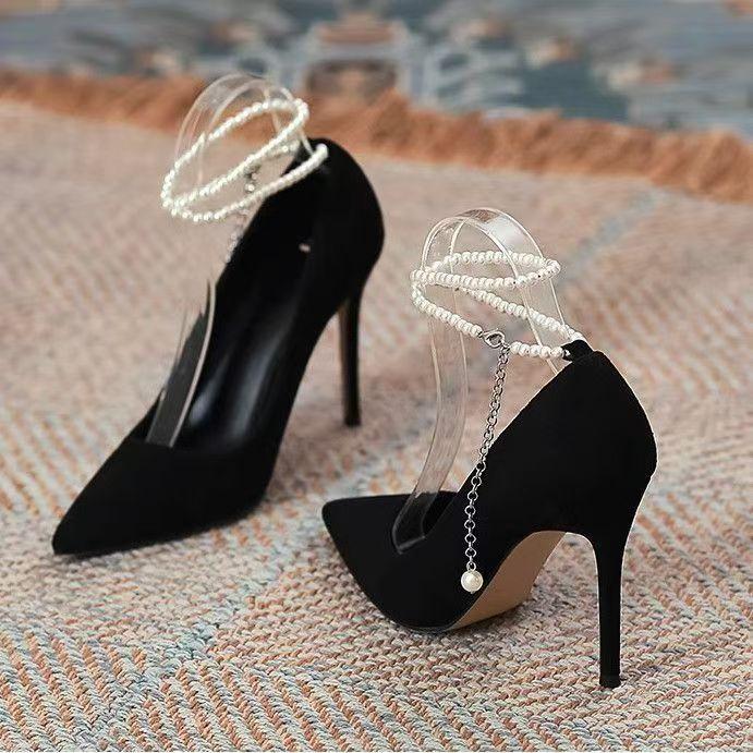 2025 весна новые туфли-лодочки с жемчугом женские французские корейские туфли на тонком каблуке элегантные ноги голые бисерные нежные темпераментные высокие каблуки