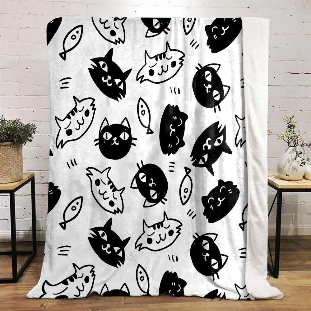 Cartoon Cats and Fish Pattern Blanket Patterned flannel blanket perfect for the bedroom living room, sofa, or a little nap