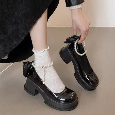 2024 Женские туфли Мэри Джейн на толстой платформе, весна/осень, модные милые туфли с бантом на высоком каблуке, свадебные туфли с жемчужным кружевом для женщин