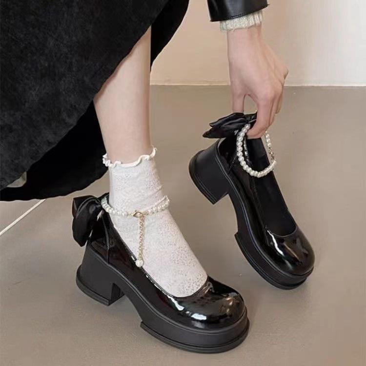 Весенне-осенняя корейская мода на толстом каблуке с толстой подошвой, нескользящие повседневные туфли Мэри Джейн с бантом и жемчугом
