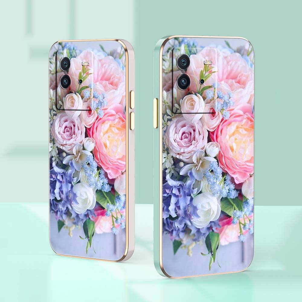 N48 Цветочный пион Ваза с золотым покрытием края Мягкий чехол для телефона из ТПУ для Samsung S23 S24 S22 Ultra A14 A34 A54 A22 Huawei P40 Honor 90 Противоударная задняя крышка
