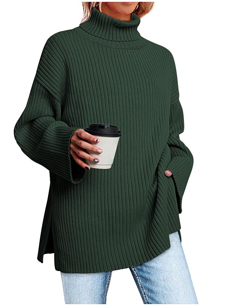 Осень Зима Водолазка Оверсайз Свитер Женский Разрез Длинный Рукав В рубчик Роскошный Расслабленный крой Стройнящий Универсальный Топ