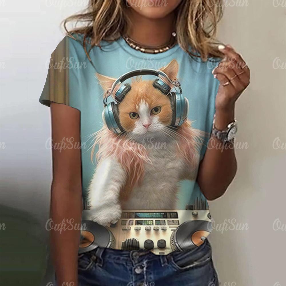 Summer Women's T-Shirt Rock Cat Printed Short Sleeve Female T-Shirt Hip Hop Fashion Couple Loose Street Style Y2k Tops Clothing