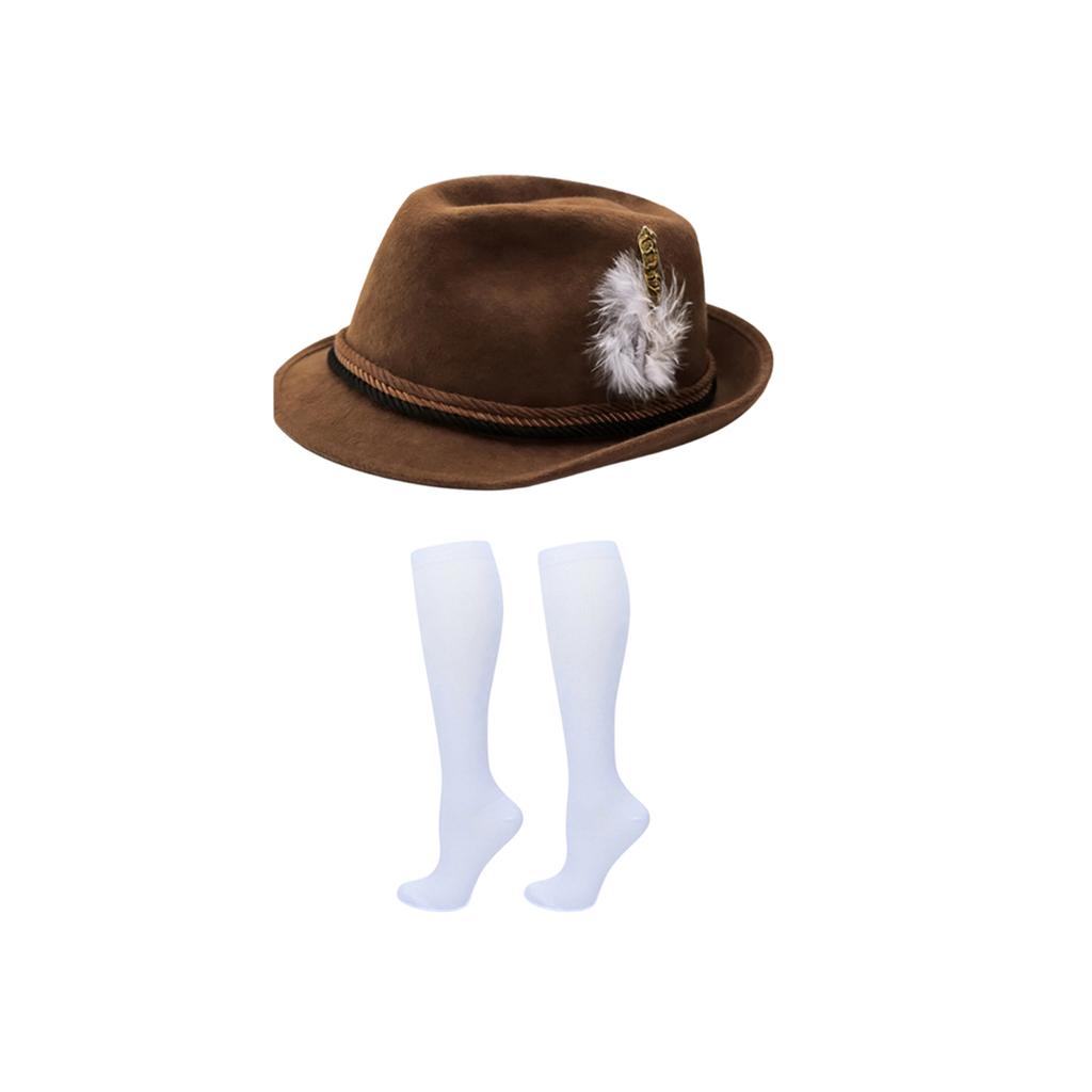 Набор: Шляпа Октоберфеста и Хлопковые Носки для Взрослой Костюмированной Вечеринки, Коричневый с Пером