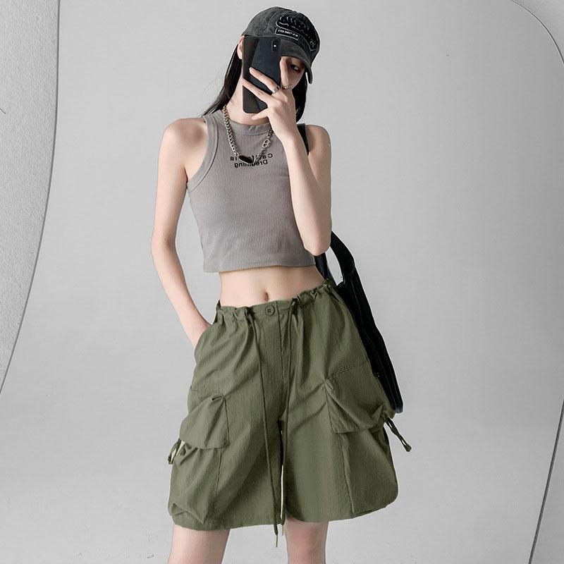 Women Summer Drawstring Big Pocket Breathable Quick-Dry High-Waisted Wide-Leg Cargo Shorts