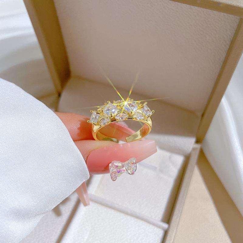 Обручальное кольцо из настоящего золота, квадратное, с полным цирконием, с открытым кольцом, регулируемое, простое украшение, японское кольцо, кольцо для пары