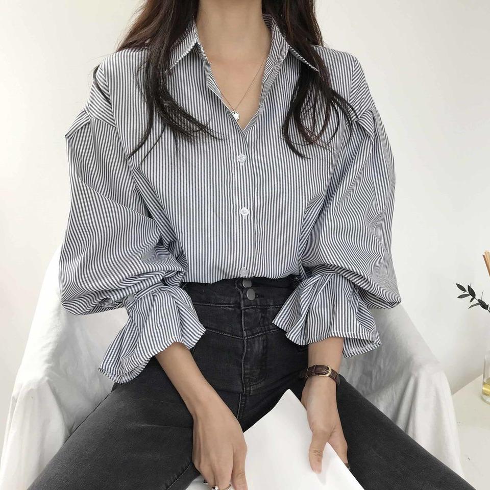 Striped Shirt Female Lantern Long-sleeved Early Spring Chic Blouse Design Sense Niche Retro Temperament Vintage Basic Office Casual Women Shirt